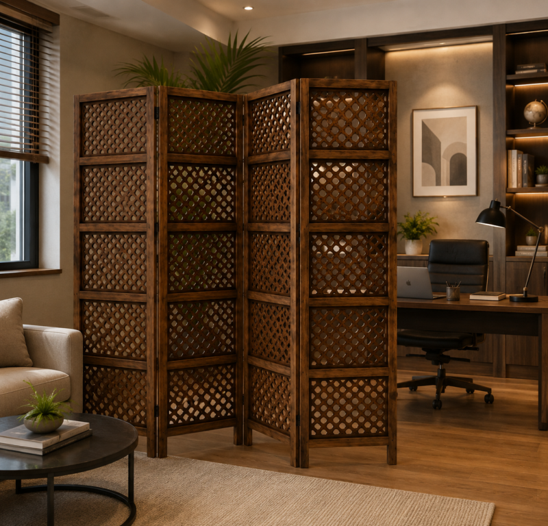 4 Panel Wooden Room Divider with Decorative Jali Design
