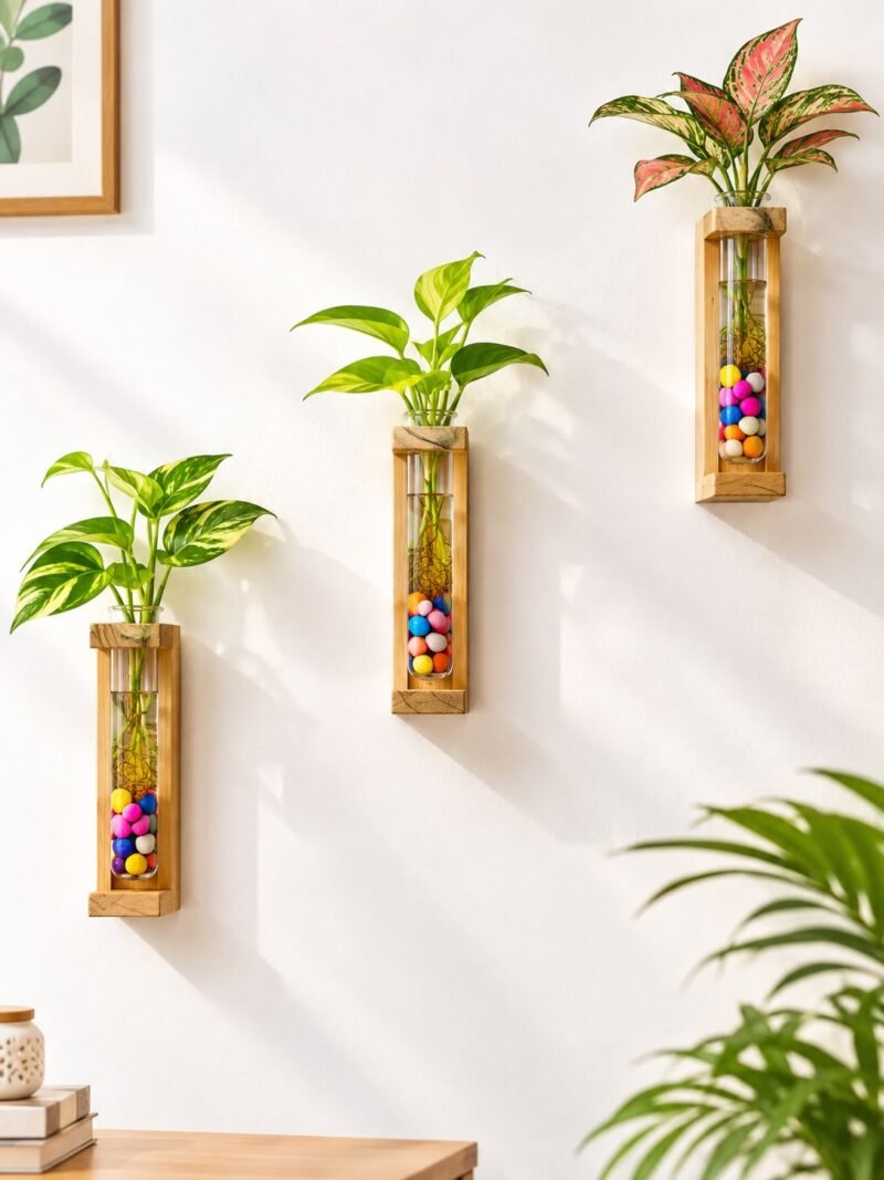 Wooden glass test tube planter set of 3 with wooden stands