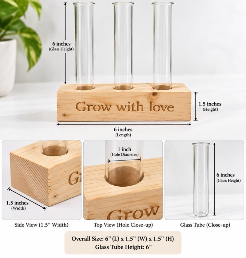 Wooden test tube planter dimensions 6 x 1.5 x 1.5 inches
